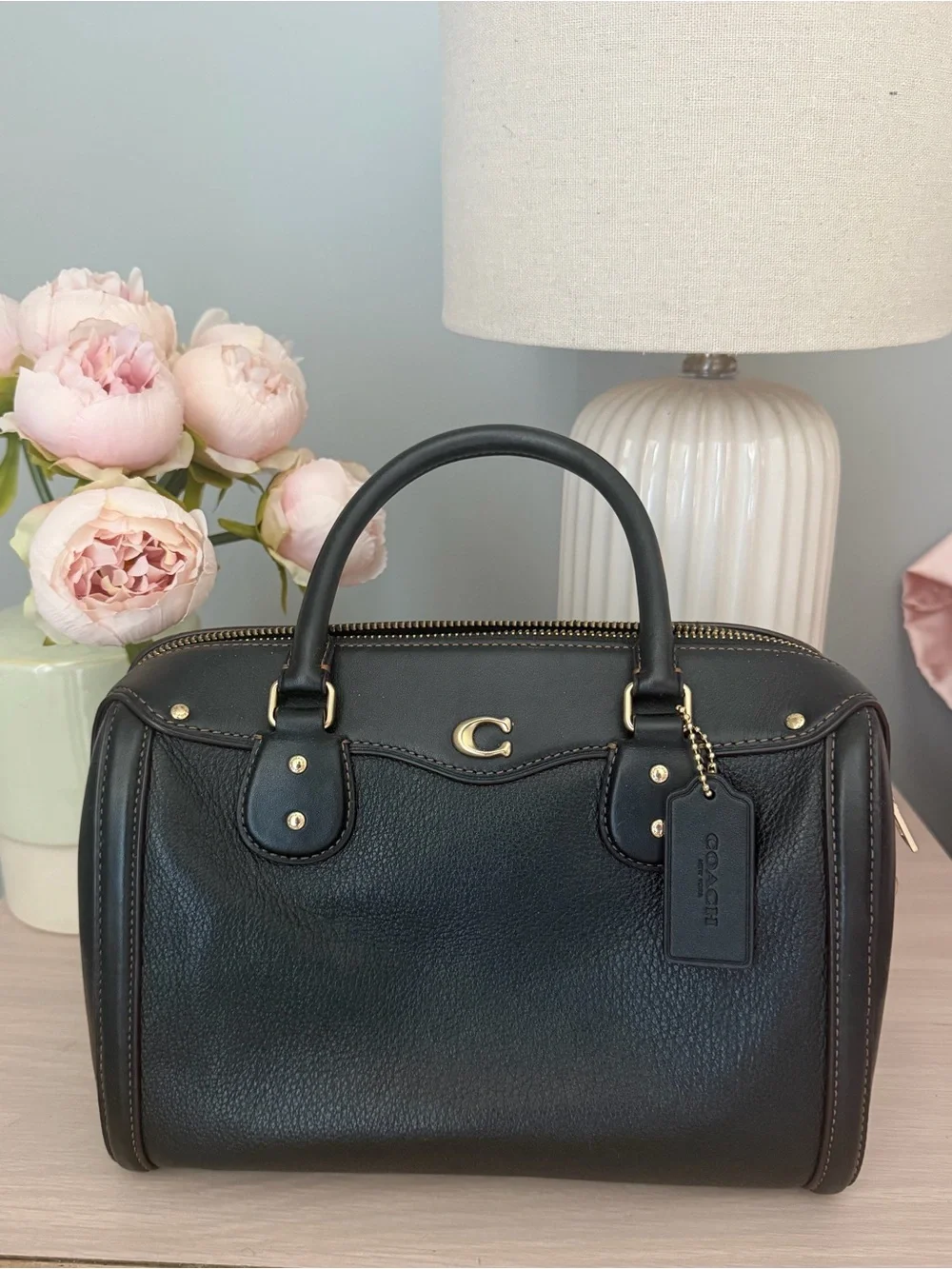 Coach Black Pebbled Leather Satchel with Gold Accent